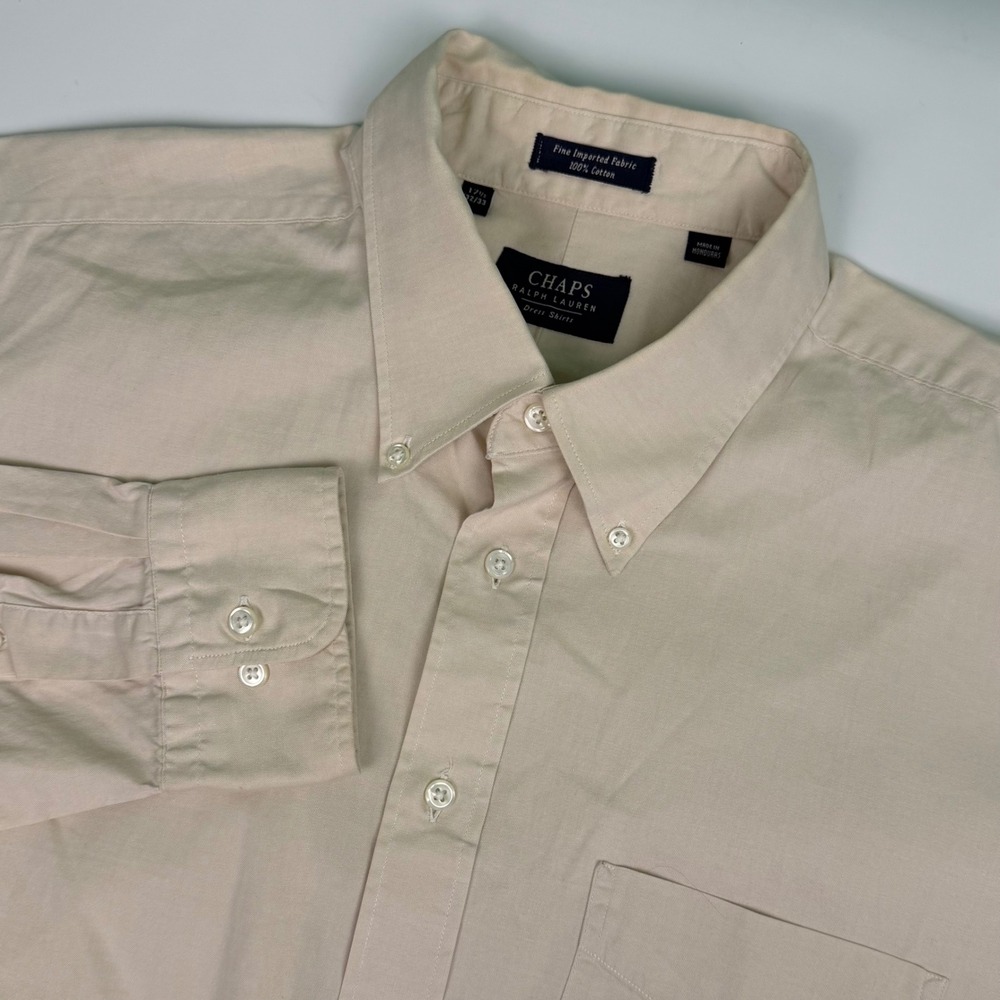 CHAPS Mens L Classic Fit Button Down Shirt Tan‎ Long Sleeve Embroidered Pocket